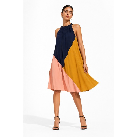 LOFT Dresses & Skirts - Loft Womens Colorblock Halter Midi Dress Navy‎ Blue Mustard Peach Size M NEW